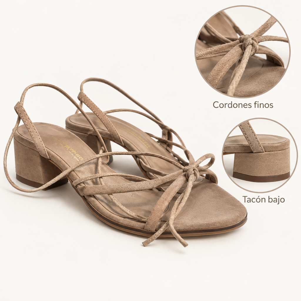 Detalles de las sandalias Ryan 2605 beige con cordones finos y tacón bajo