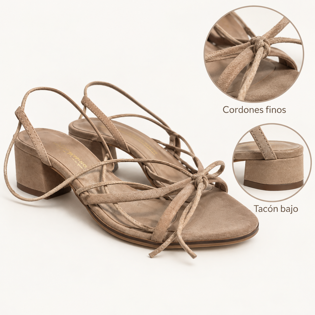 Detalles de las sandalias Ryan 2605 beige con cordones finos y tacón bajo