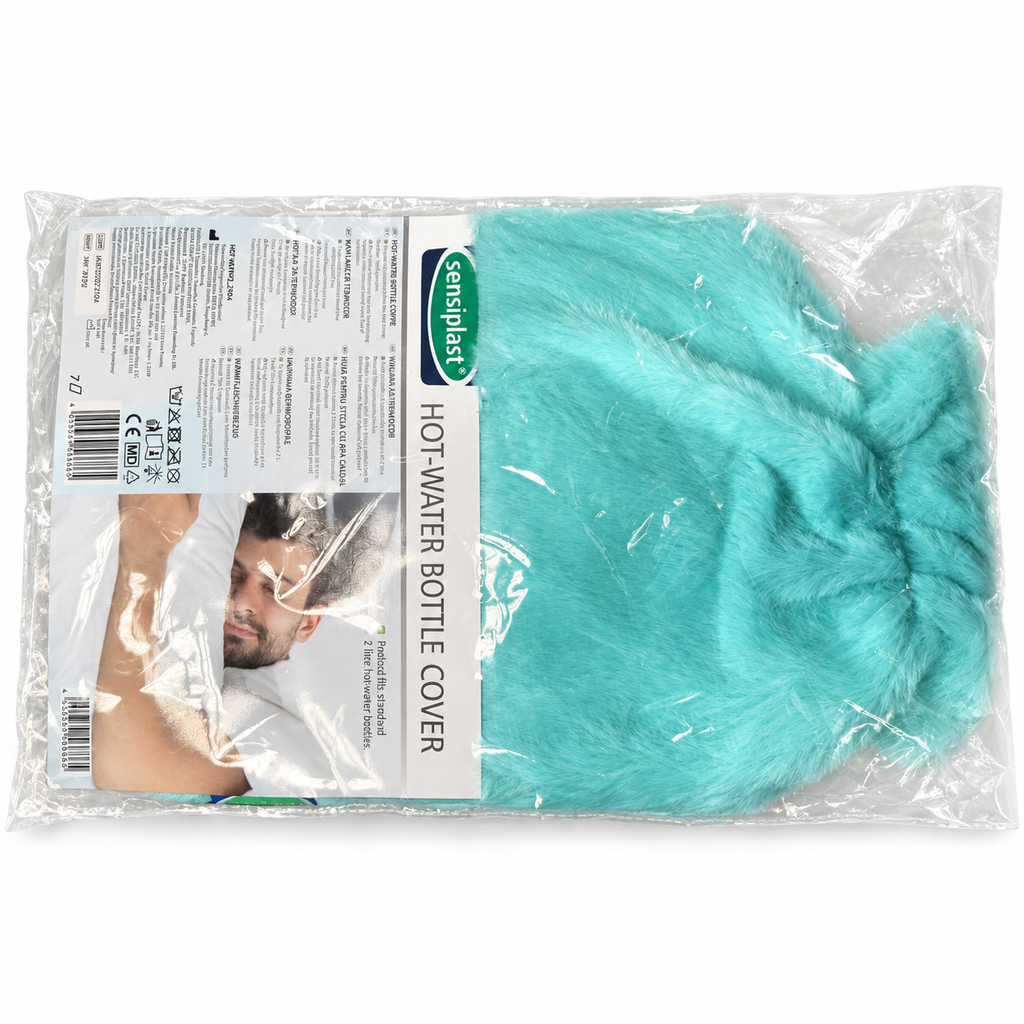 Funda Sensiplast turquesa para bolsa de agua caliente en envase sobre fondo blanco