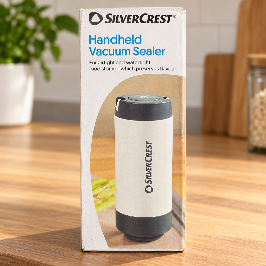 SilverCrest envasadora al vacío portátil en su embalaje con marcas visibles