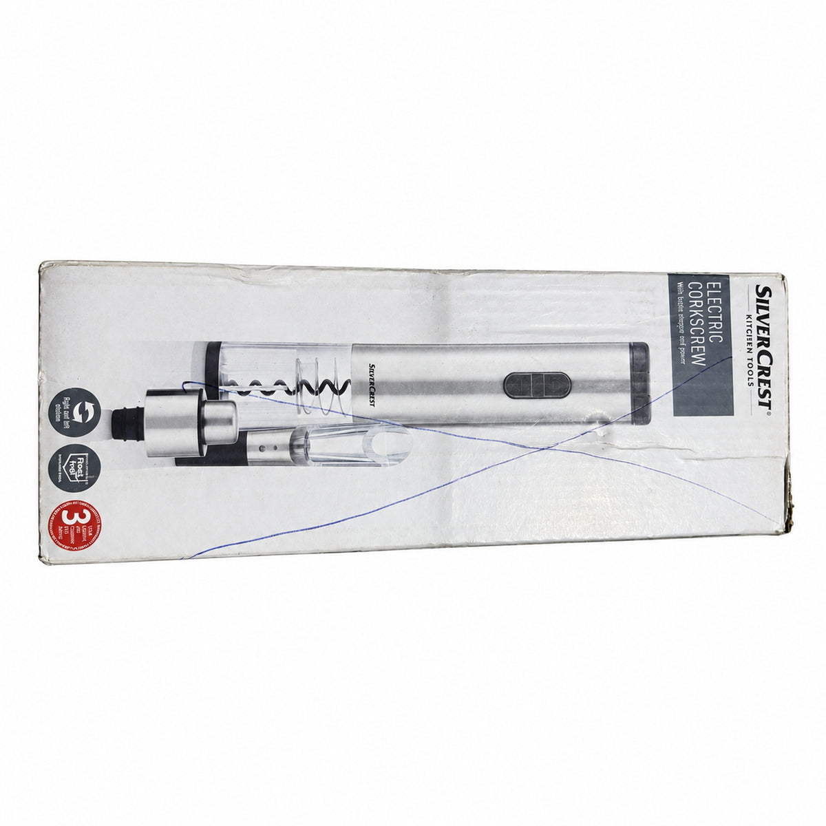 Sacacorchos eléctrico SilverCrest plateado con tapón y vertedor, caja con marcas