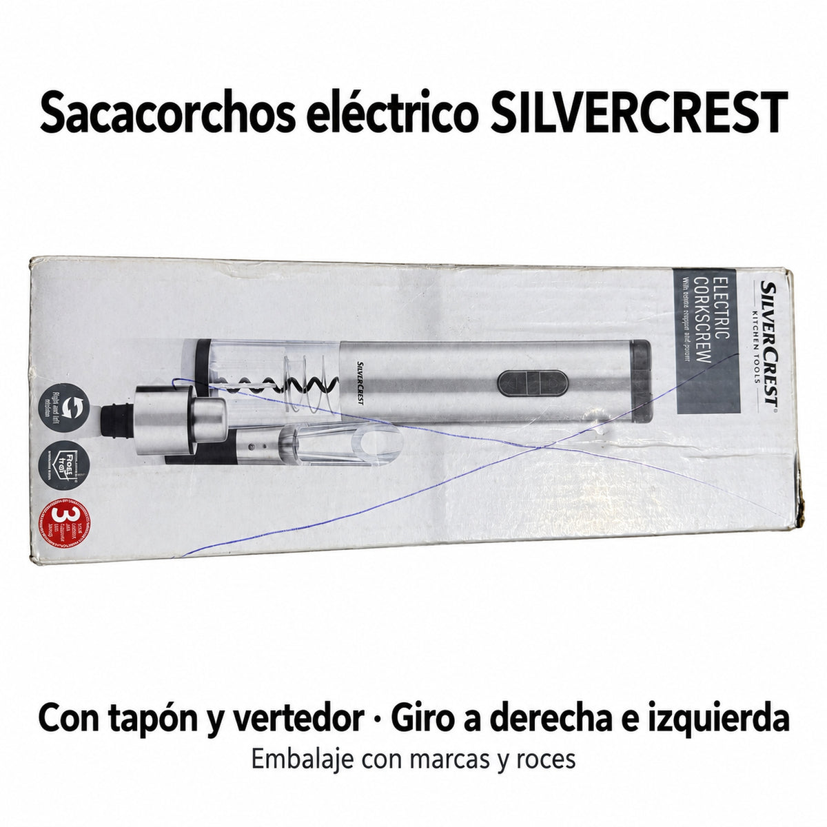 Información del sacacorchos SilverCrest: tapón, vertedor y giro a derecha e izquierda