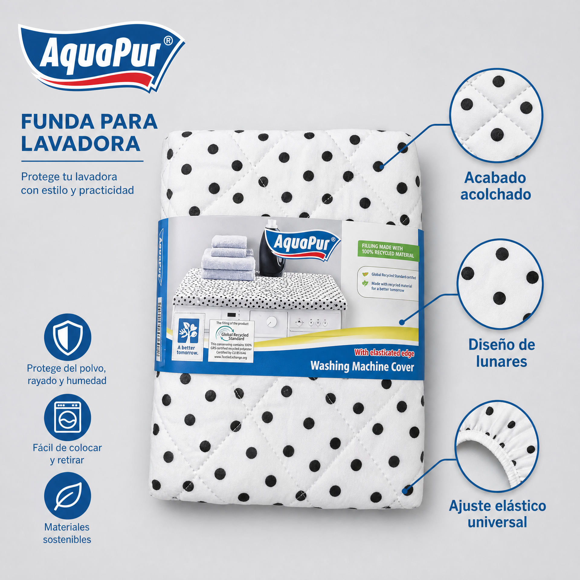 AquaPur funda para lavadora acolchada con borde elástico y estampado de lunares