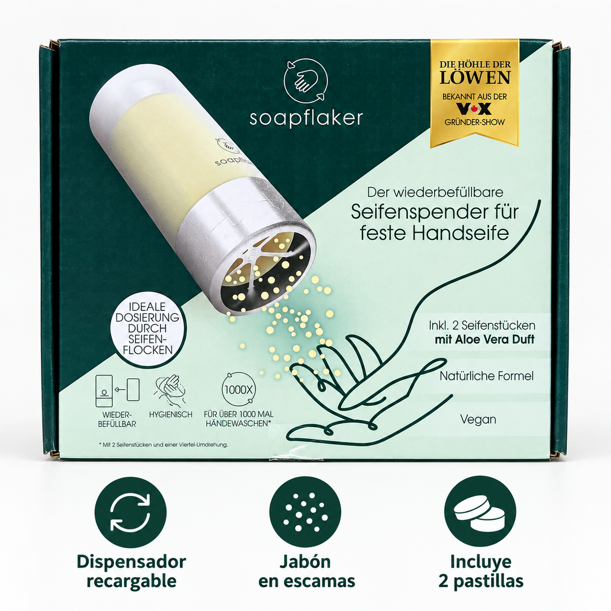 Soapflaker dispensador de jabón sólido con 2 recambios Aloe Vera · características