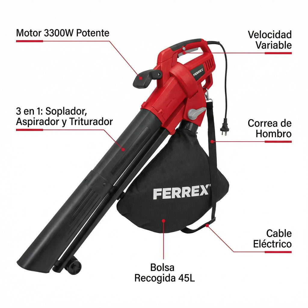 Soplador Aspirador de Hojas Eléctrico 3300W 3 en 1 con Bolsa 45L | Ferrex