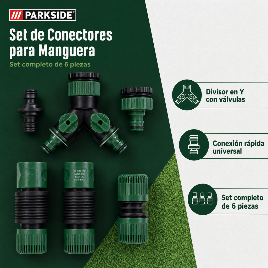 Set de conectores para manguera con divisor en Y, 2 válvulas de cierre y acoplamientos rápidos