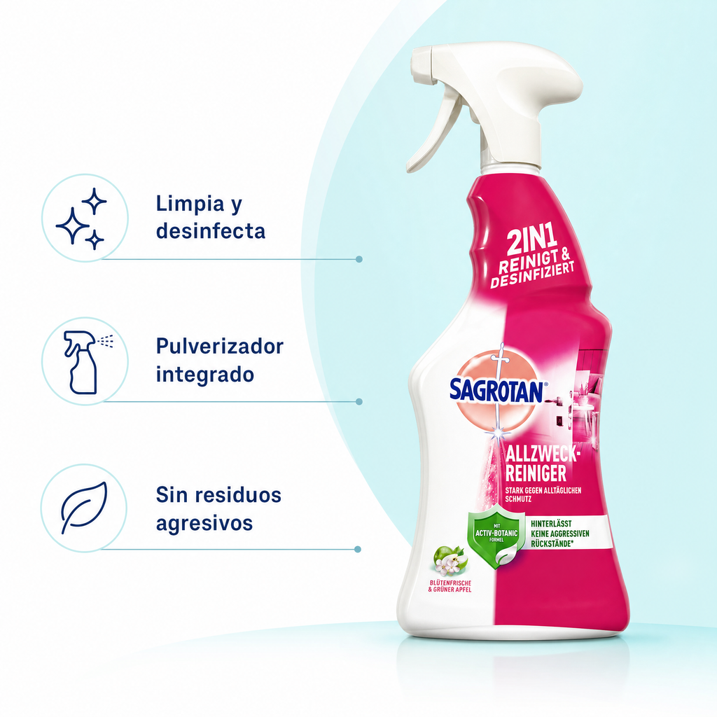 Sagrotan limpiador multiusos desinfectante 2 en 1 - spray, no deja residuos agresivos