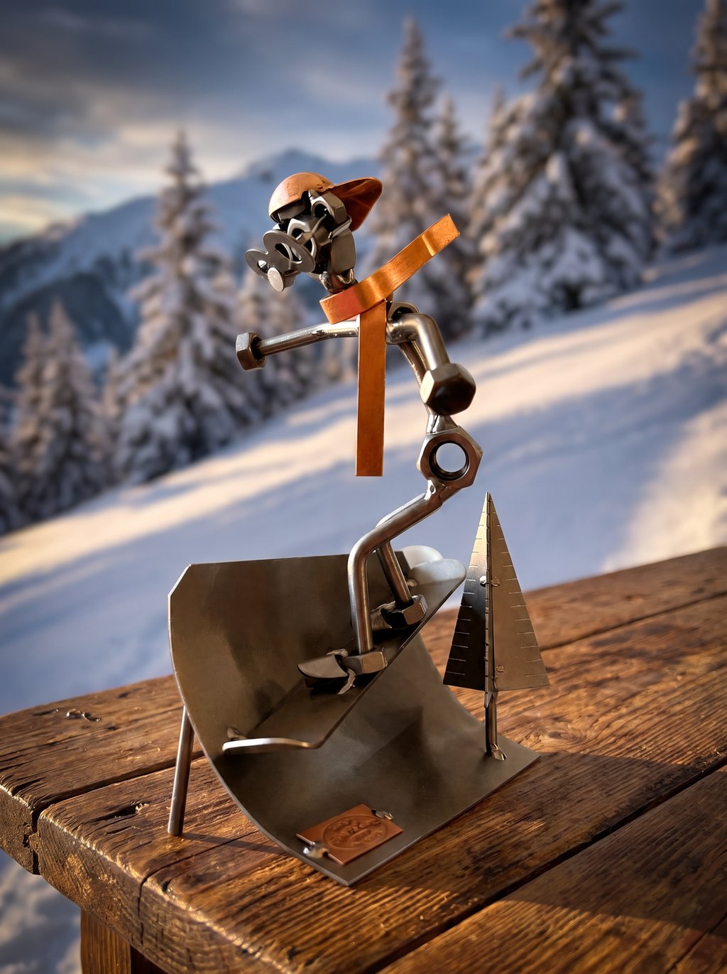 Figura Artesanal de Metal — Snowboarder en la Montaña