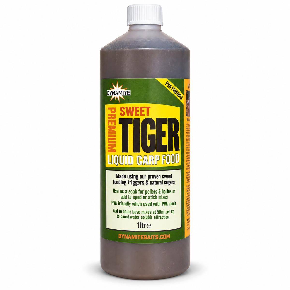 Dynamite Premium Sweet Tiger Liquid Carp Food de 1 litro sobre fondo blanco