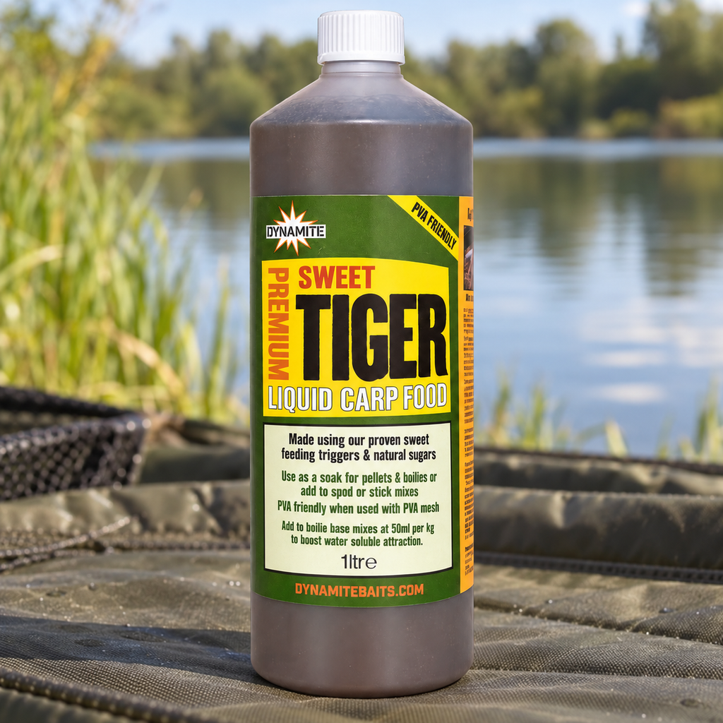 Botella Dynamite Sweet Tiger de 1 litro junto a un lago