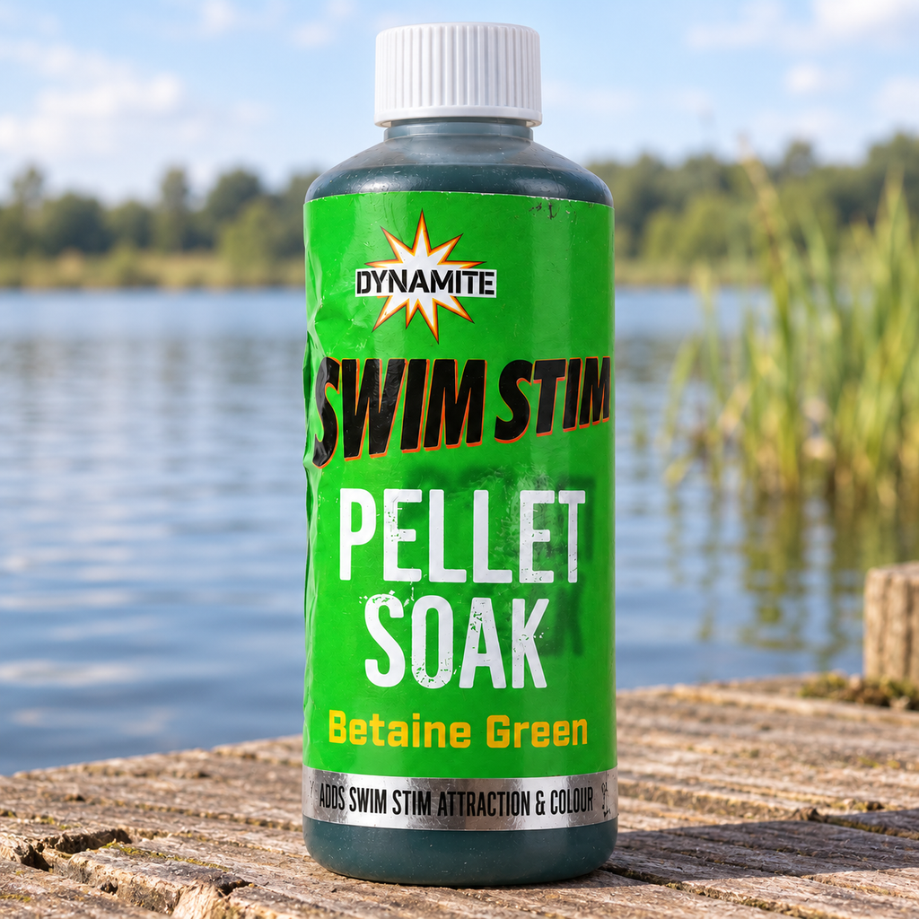 Botella Dynamite Swim Stim Betaine Green junto a un lago