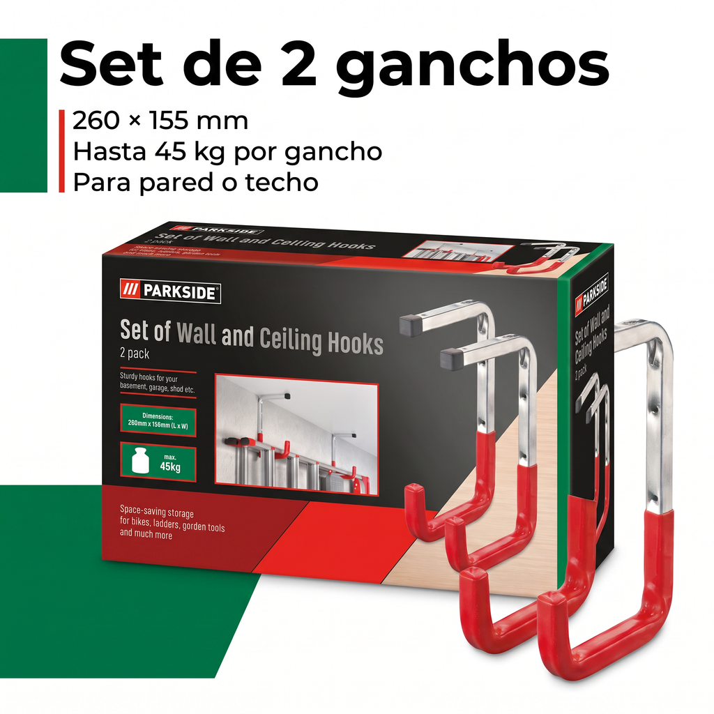 Parkside Set de 2 Ganchos de Pared y Techo — 45 kg