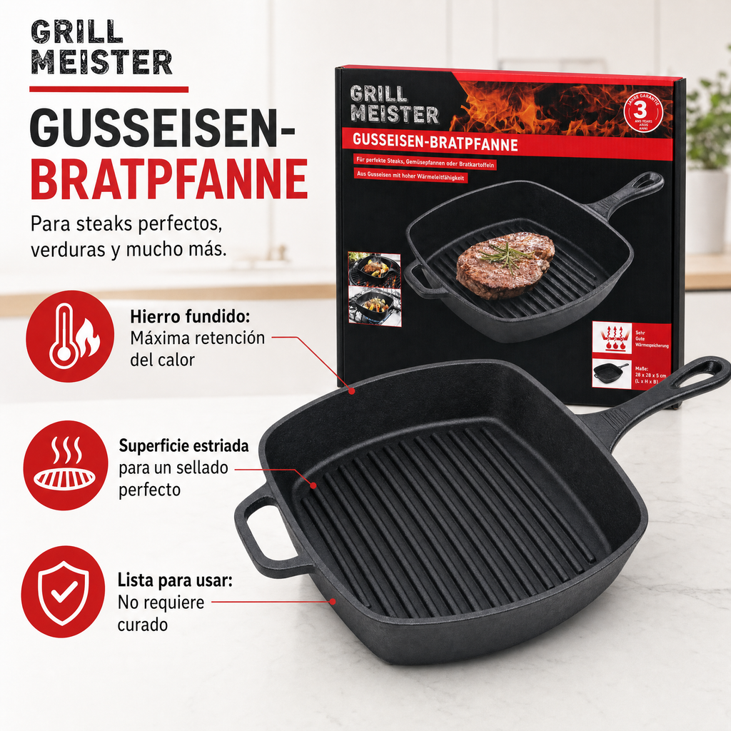 GRILL MEISTER Sartén de hierro fundido con mango integrado y asas laterales