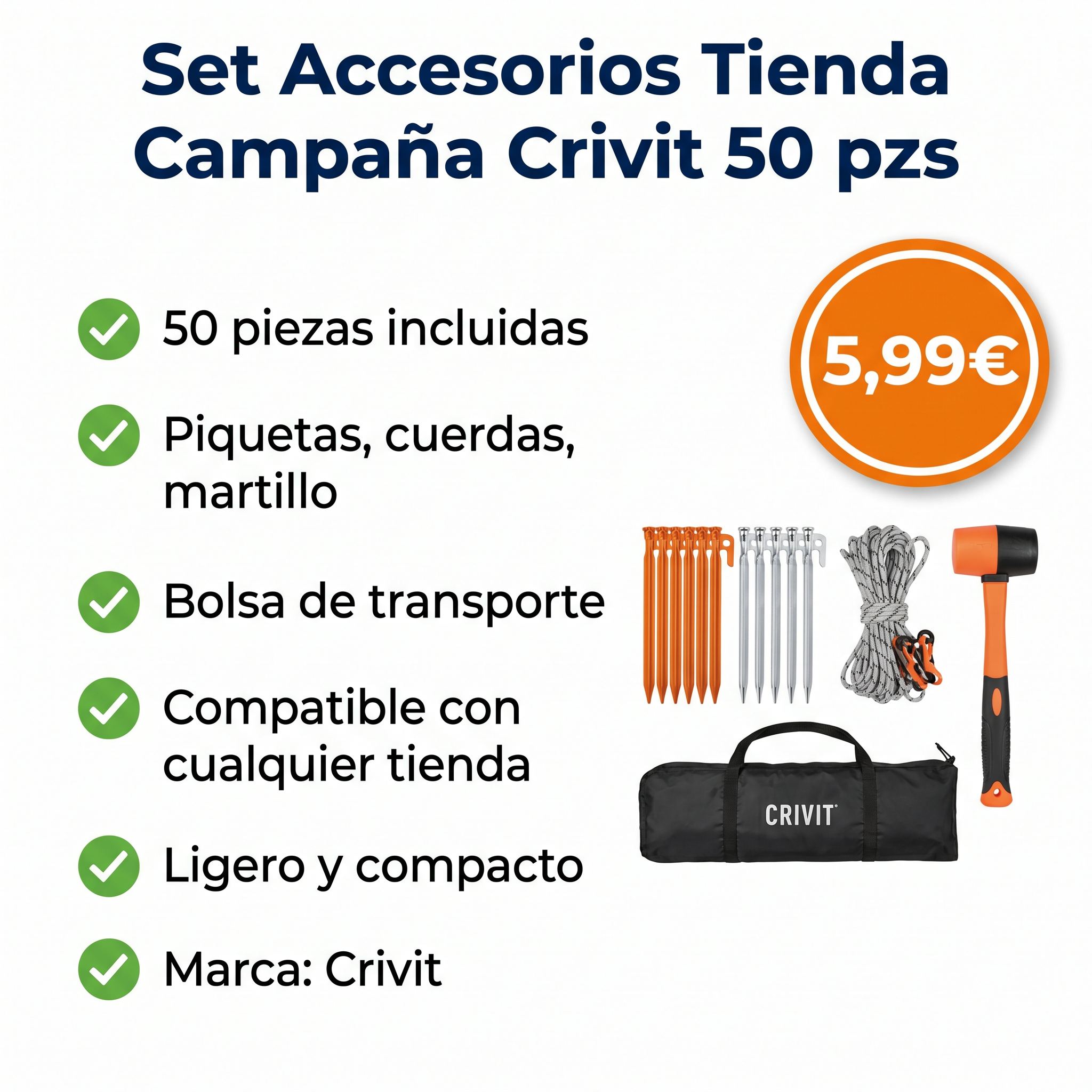 Set Accesorios Tienda Campaña Crivit — 50 Piezas