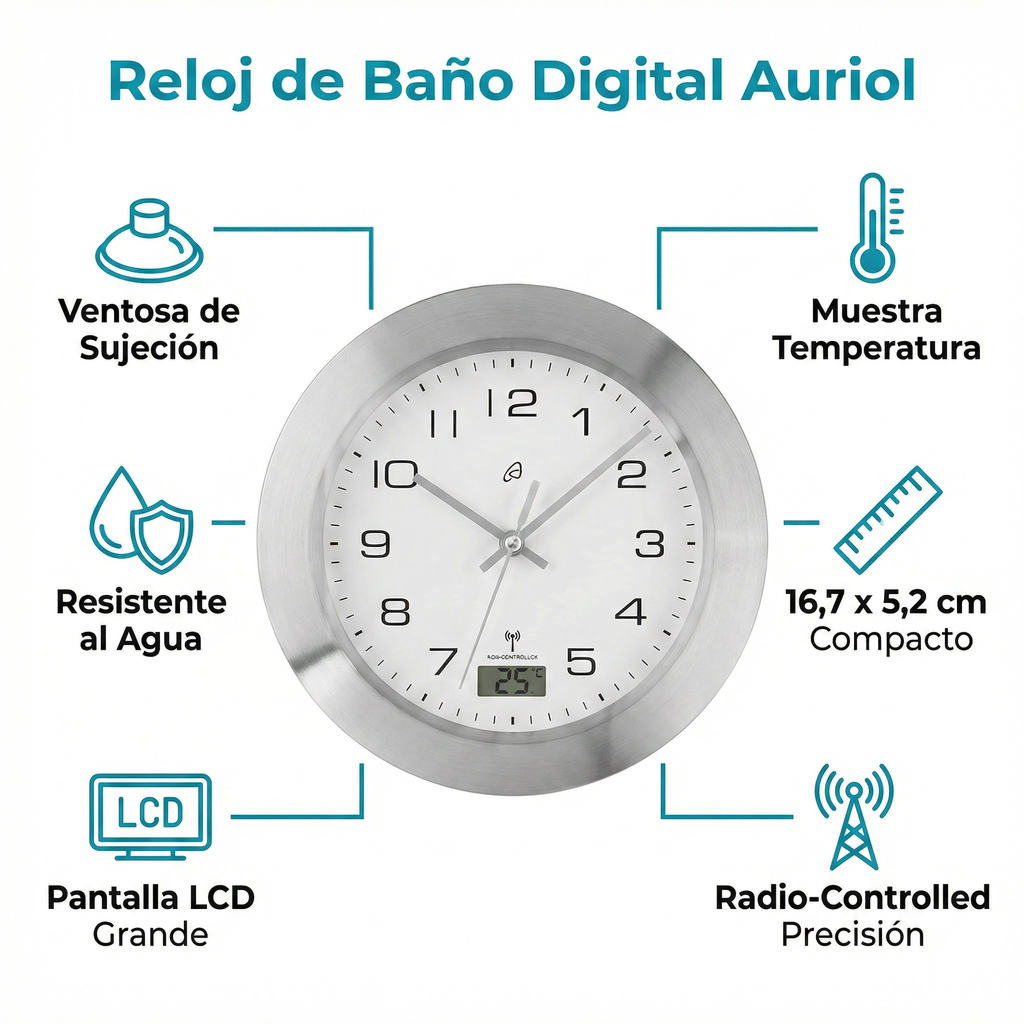 Reloj de Baño Auriol Radio-Controlled con Ventosa y Temperatura