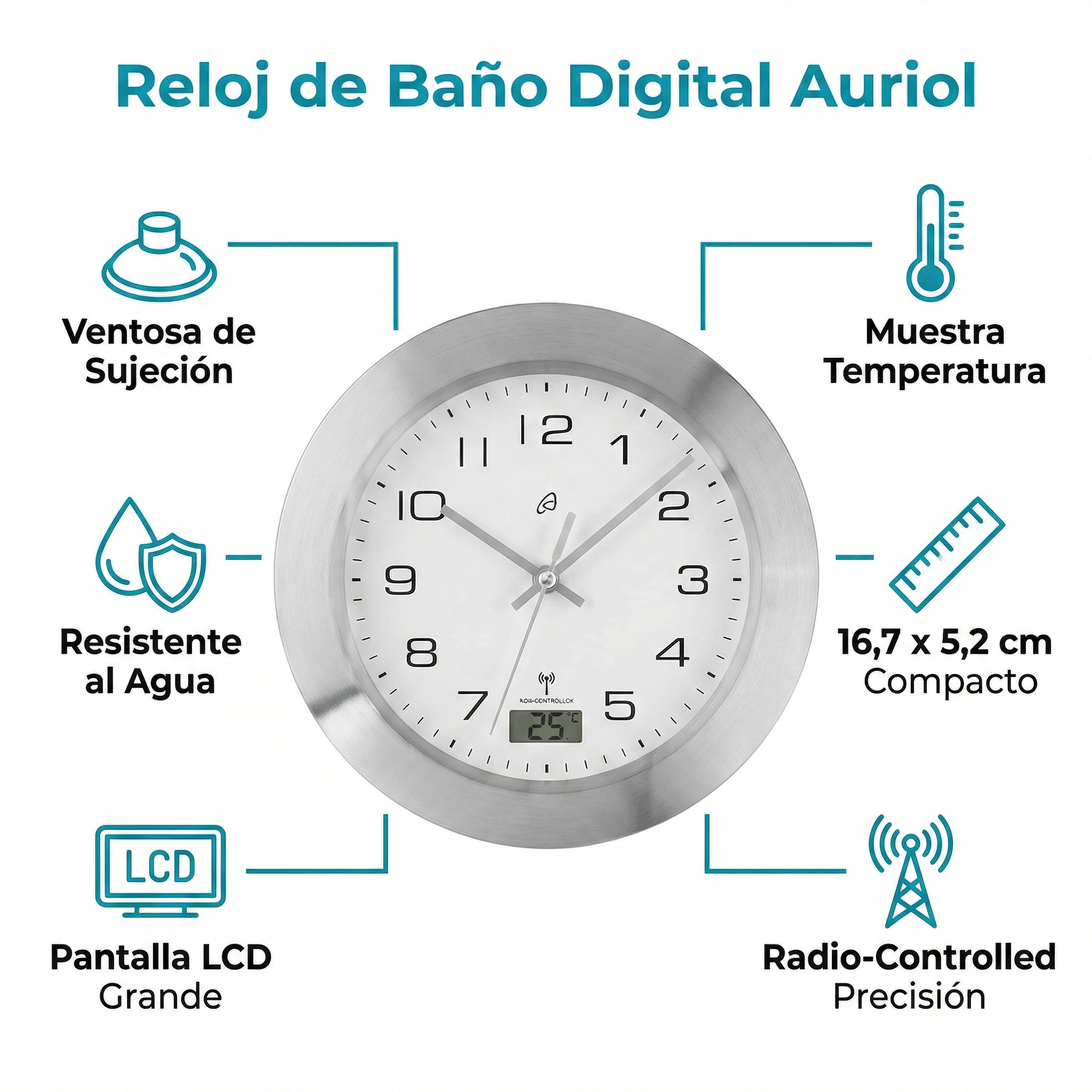 Reloj de Baño Auriol Radio-Controlled con Ventosa y Temperatura