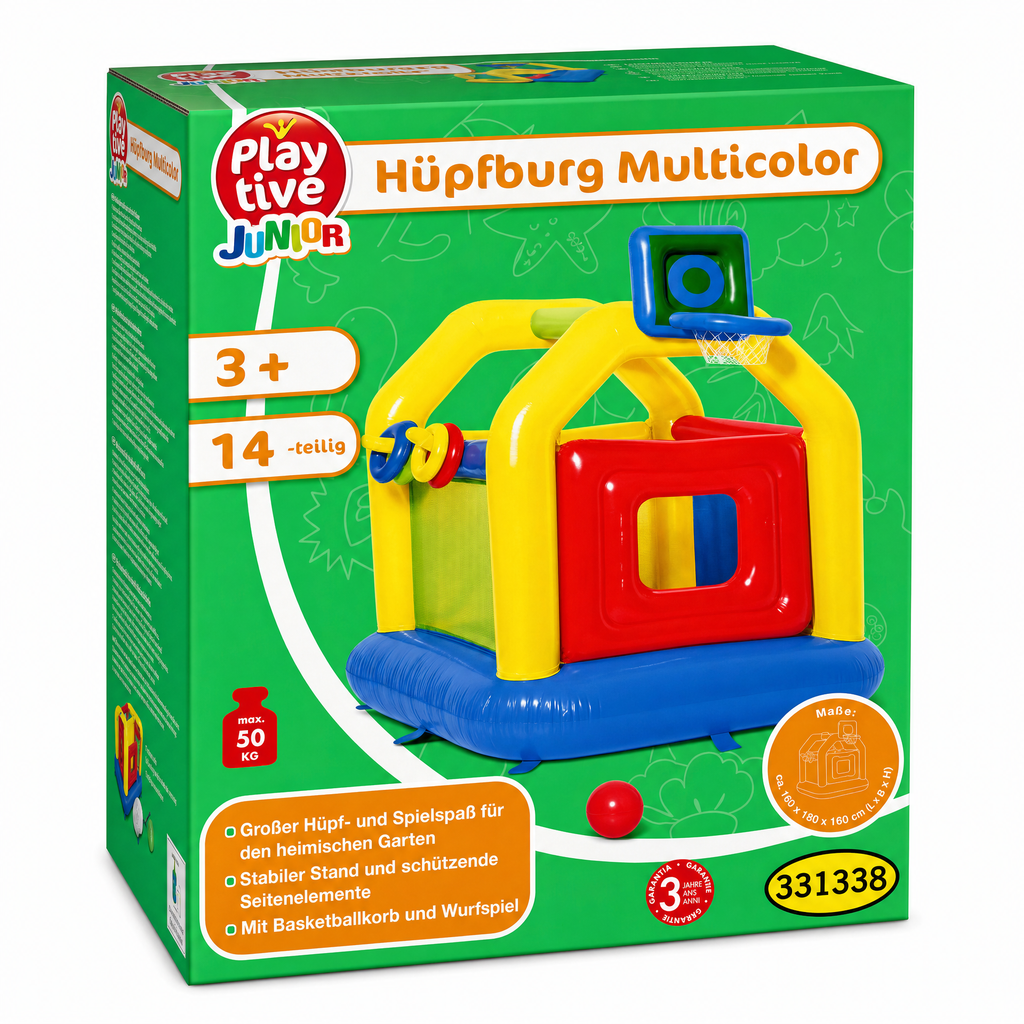 Castillo hinchable multicolor con canasta de baloncesto, aros apilables y pelota