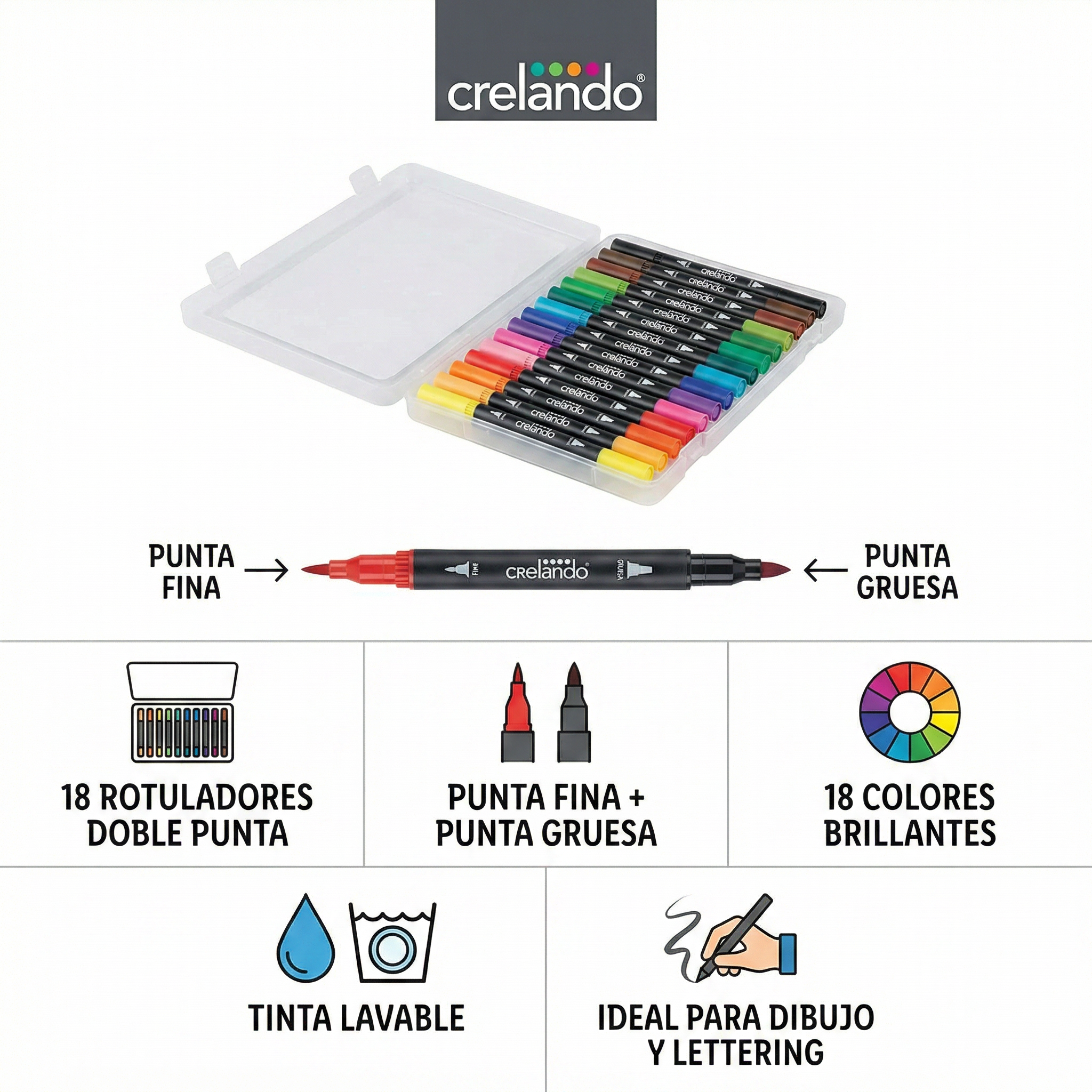 Rotuladores Doble Punta Crelando 18 Colores