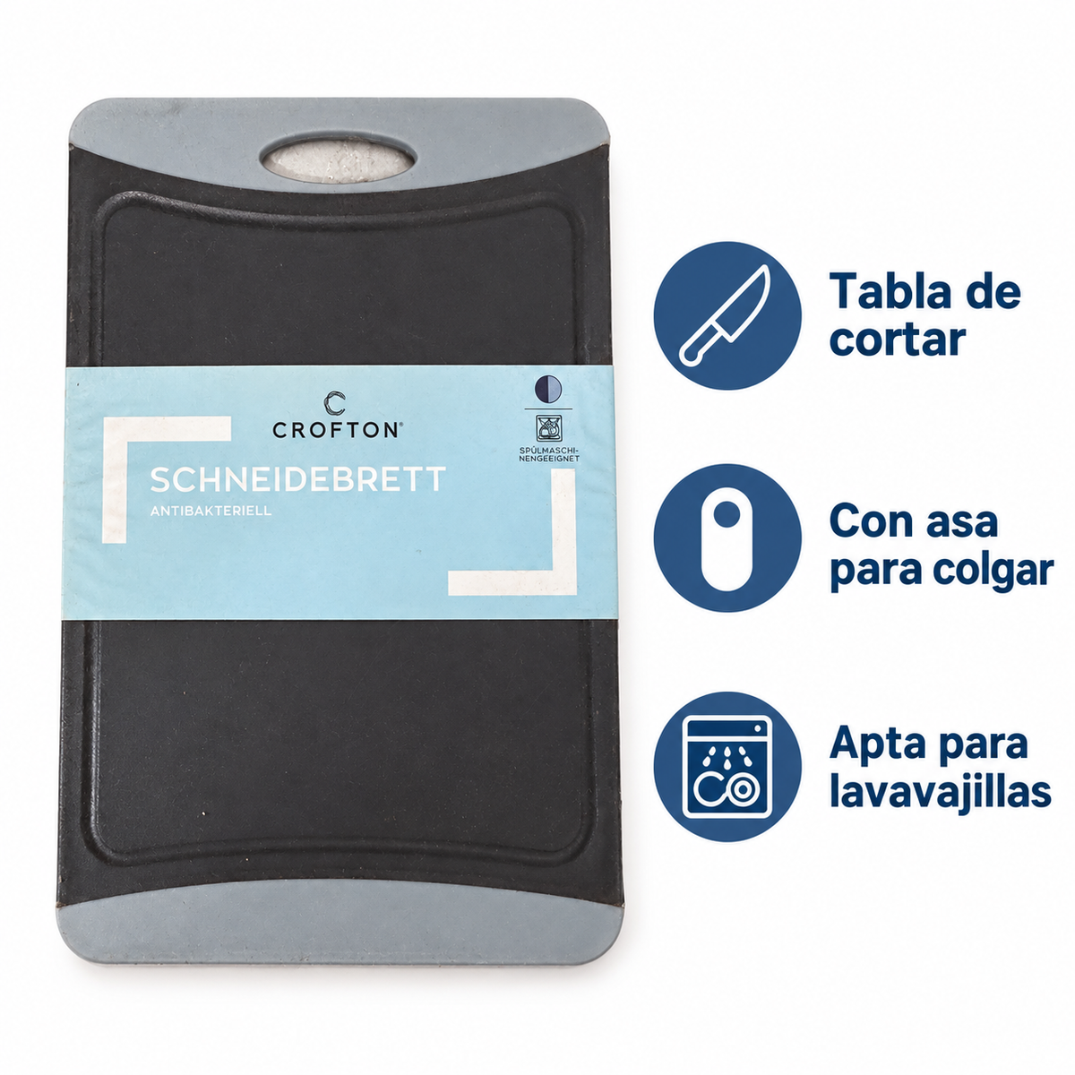 Características de la tabla Crofton gris: canaleta, asa y limpieza en lavavajillas