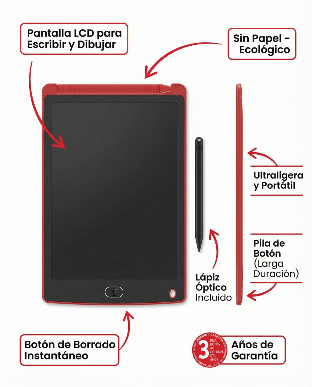 Tableta LCD de Escritura y Dibujo Roja con Lápiz Óptico | Tronic