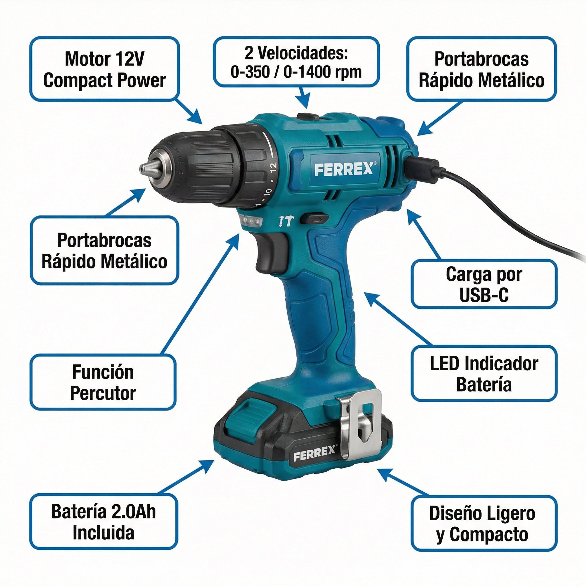 Taladro Percutor a Batería 12V Compact con USB-C y Batería 2.0Ah | Ferrex