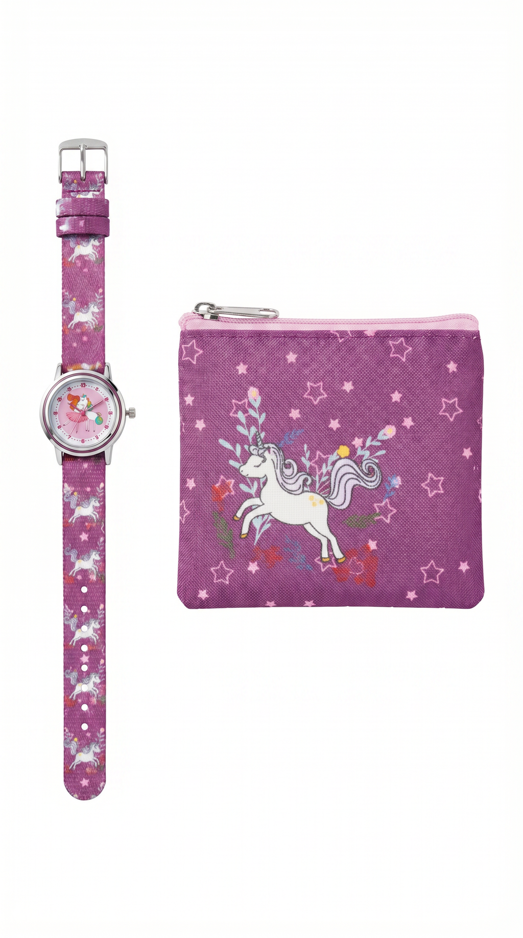 Set Reloj y Monedero Lupilu Niña Unicornio — Rosa/Morado con Estrellas