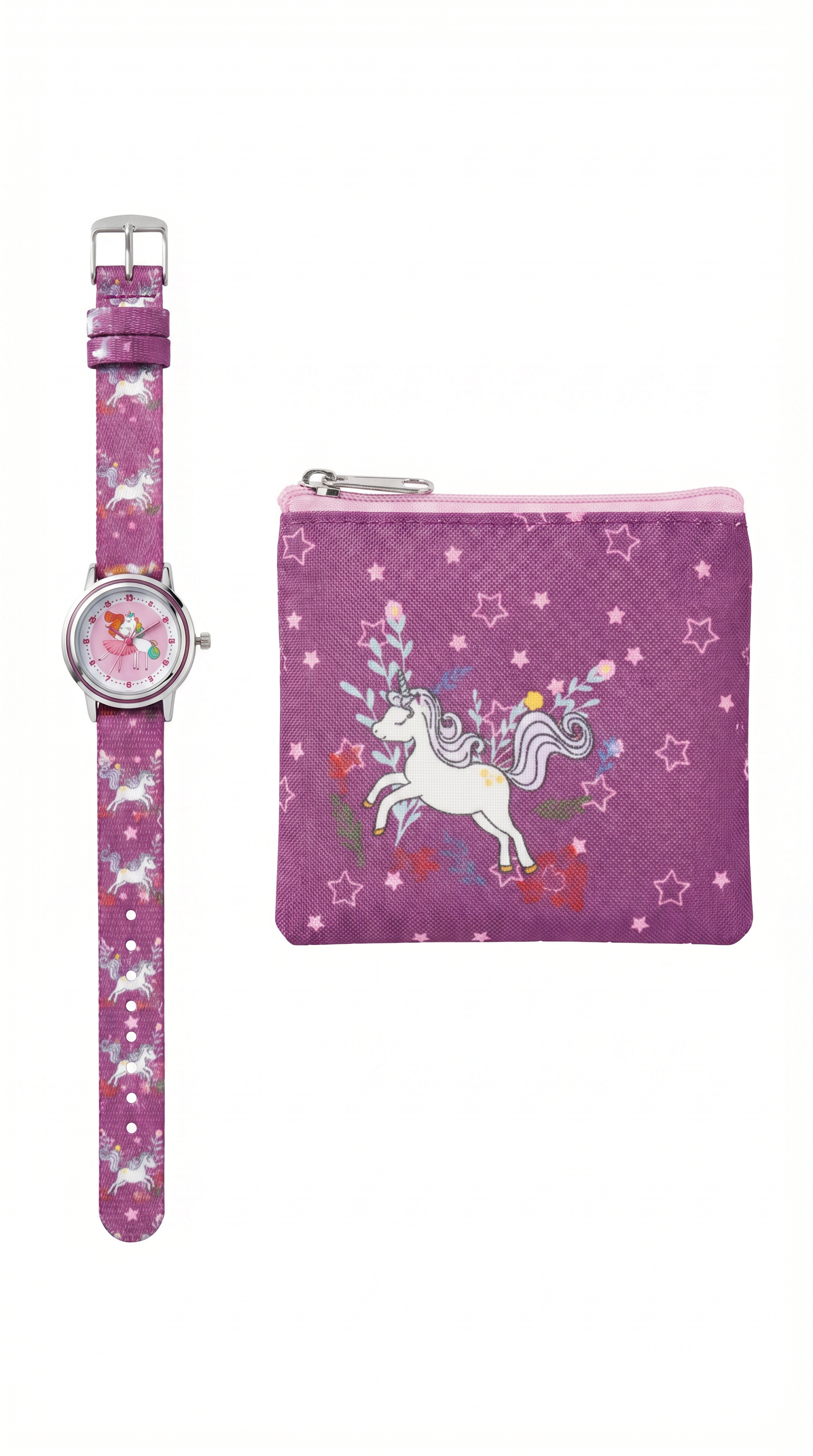 Set Reloj y Monedero Lupilu Niña Unicornio — Rosa/Morado con Estrellas