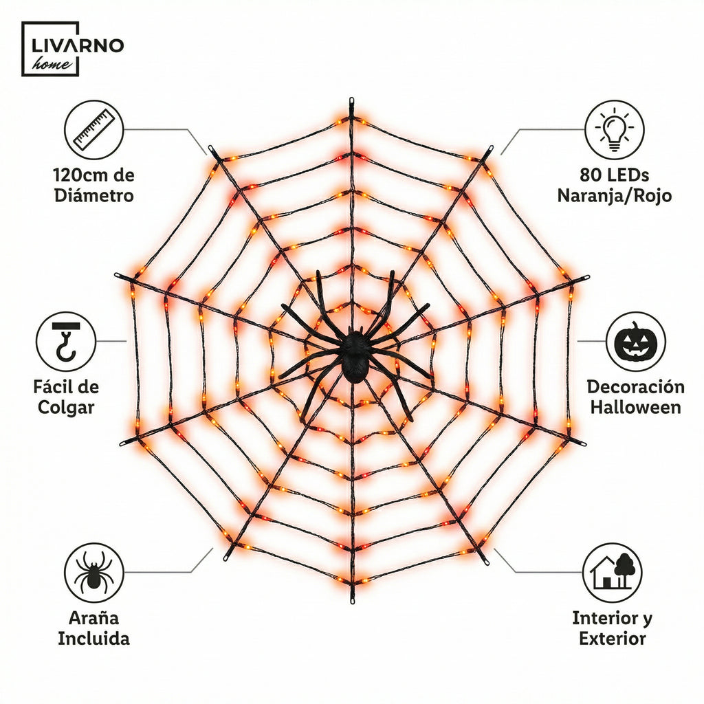 Telaraña LED Decorativa 120cm 80 LEDs Interior/Exterior Halloween | Livarno Home