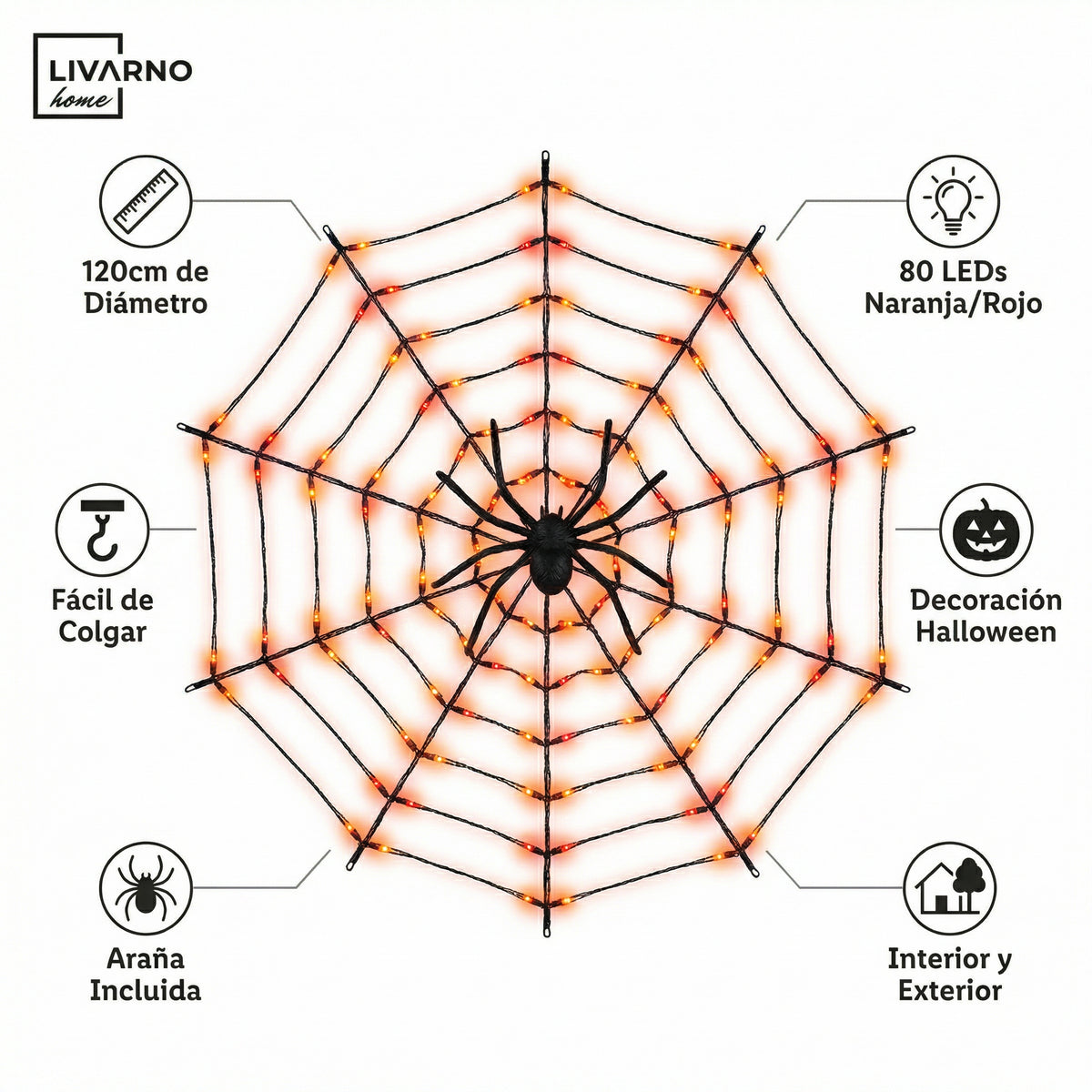 Telaraña LED Decorativa 120cm 80 LEDs Interior/Exterior Halloween | Livarno Home