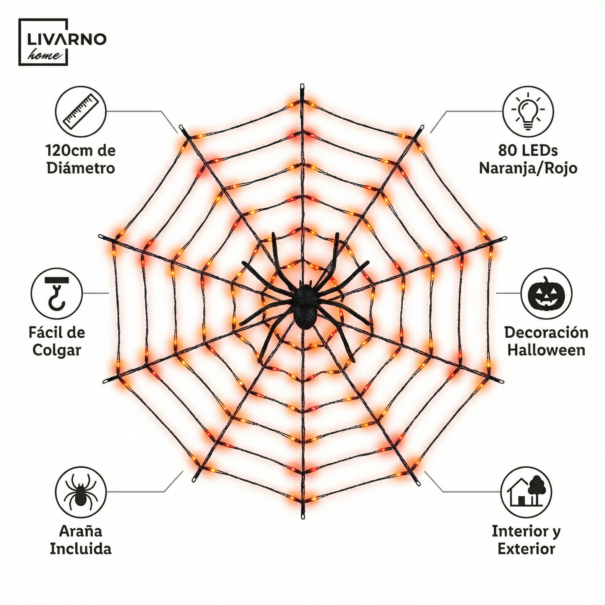 Telaraña LED Decorativa 120cm 80 LEDs Interior/Exterior Halloween | Livarno Home