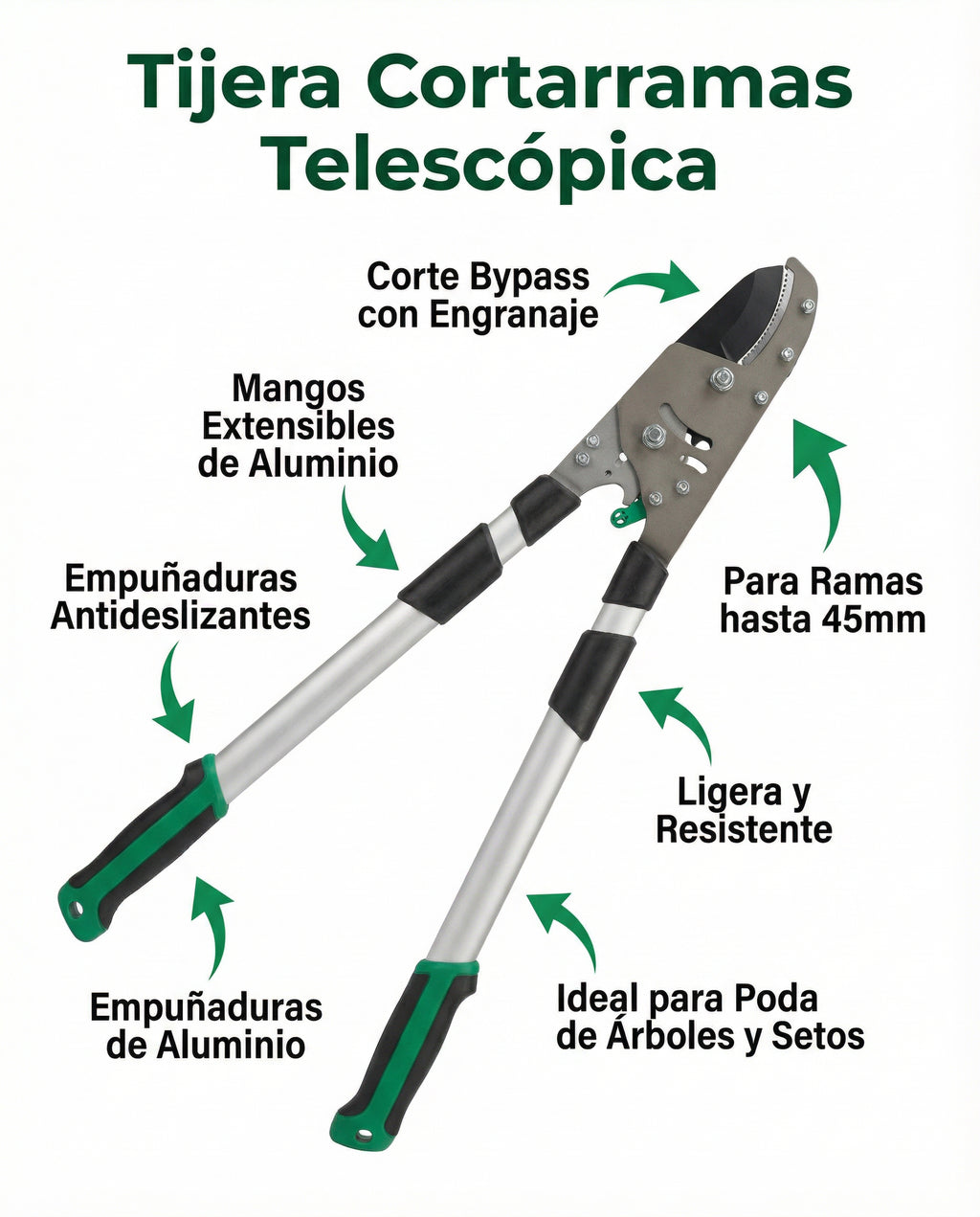 Tijera Cortarramas Telescópica Bypass con Mangos de Aluminio