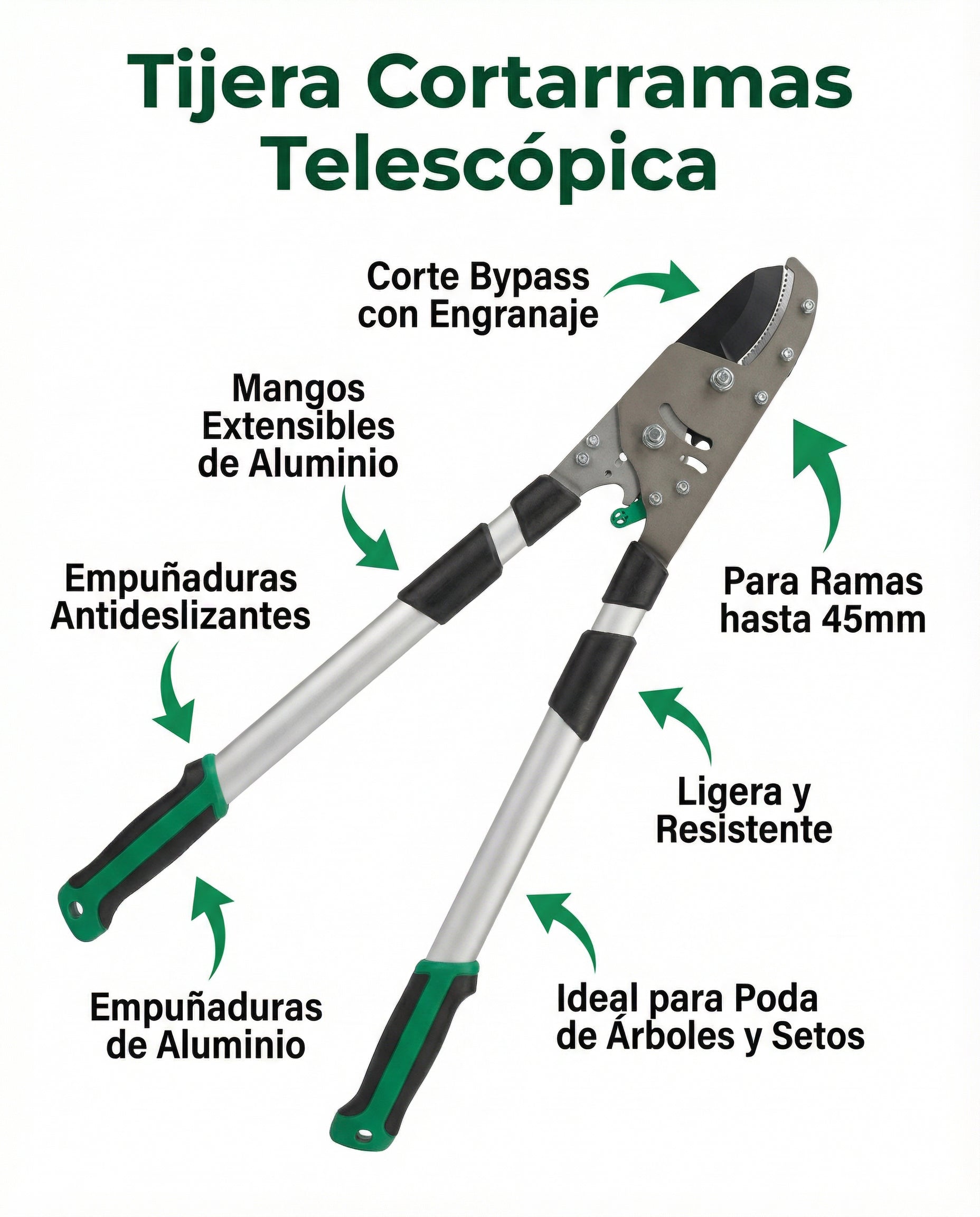 Tijera Cortarramas Telescópica Bypass con Mangos de Aluminio