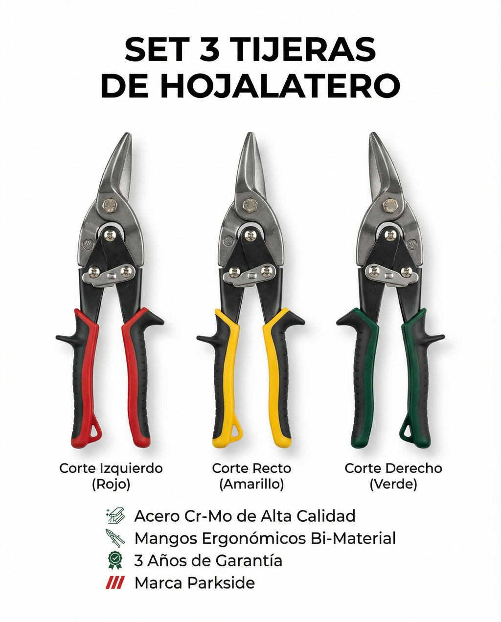Set 3 Tijeras de Hojalatero Corte Izquierdo Recto y Derecho | Parkside