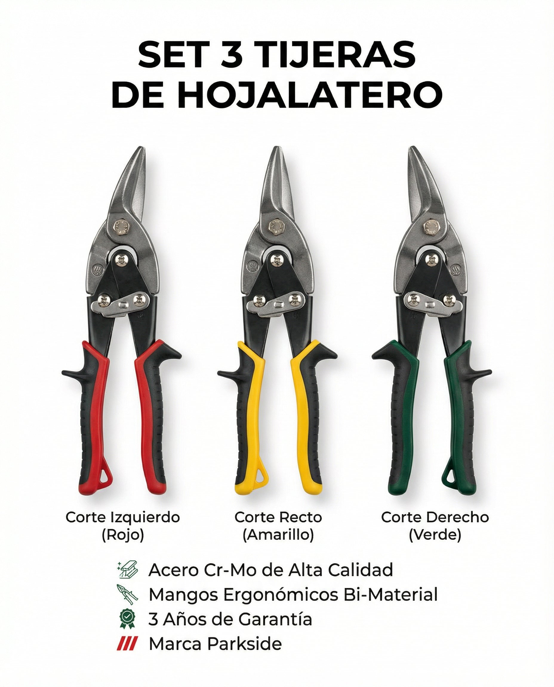 Set 3 Tijeras de Hojalatero Corte Izquierdo Recto y Derecho | Parkside