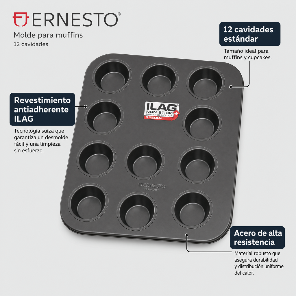 Ernesto Molde para 12 muffins en acero con revestimiento ILAG Special