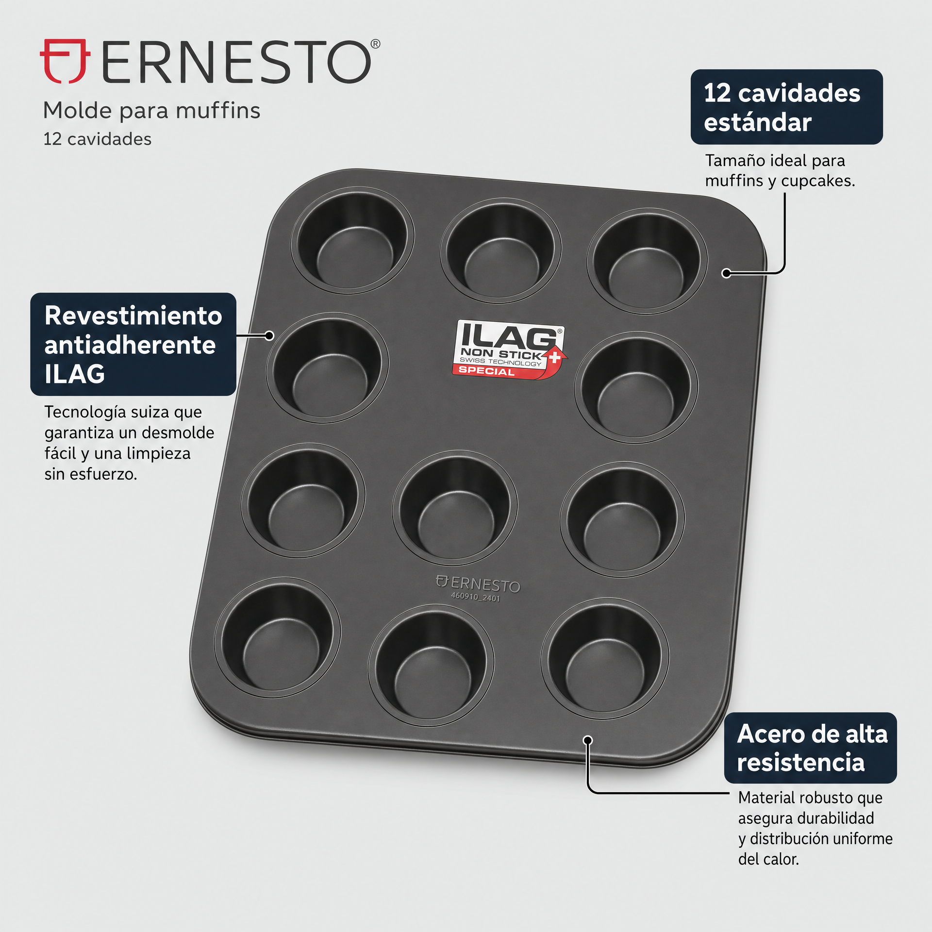 Ernesto Molde para 12 muffins en acero con revestimiento ILAG Special