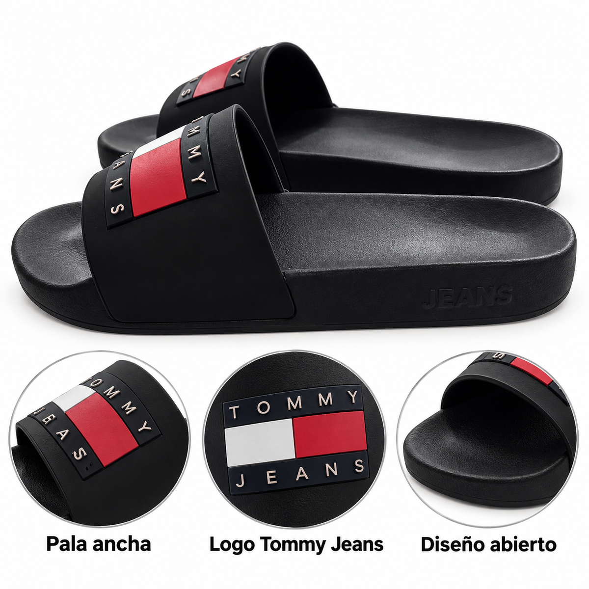 Detalles de pala ancha, logo y diseño abierto de las chanclas Tommy Jeans negras