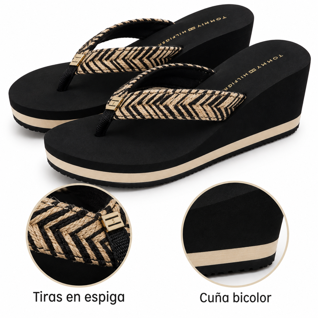 Chanclas Tommy Hilfiger negras con cuña talla 37 — tiras en espiga y cuña bicolor