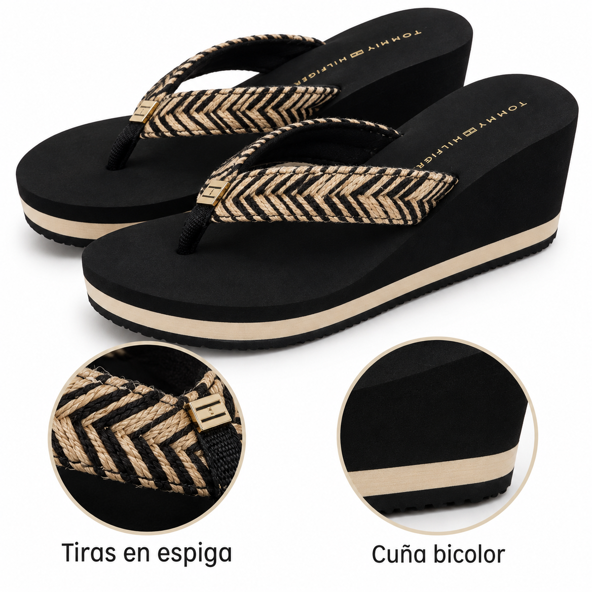 Chanclas Tommy Hilfiger negras con cuña talla 37 — tiras en espiga y cuña bicolor