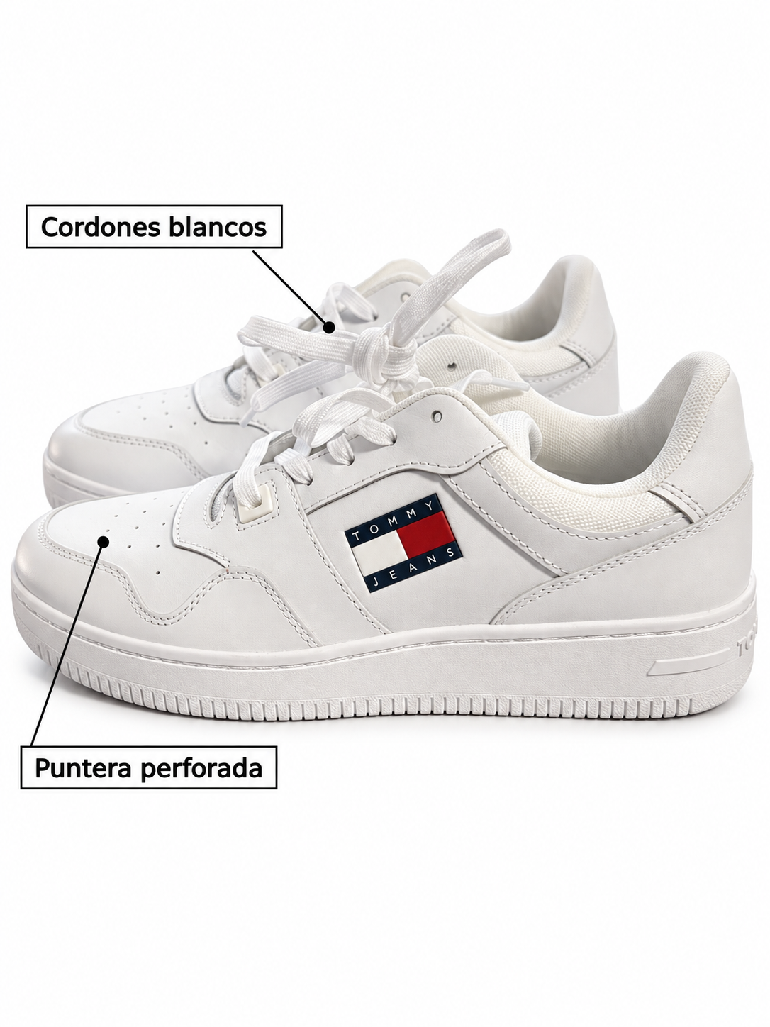 Tommy Jeans Retro Basket blancas talla 41 — puntera perforada y cordones blancos