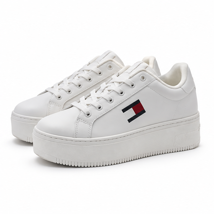 Zapatillas Tommy Jeans blancas de plataforma talla 40 sobre fondo blanco