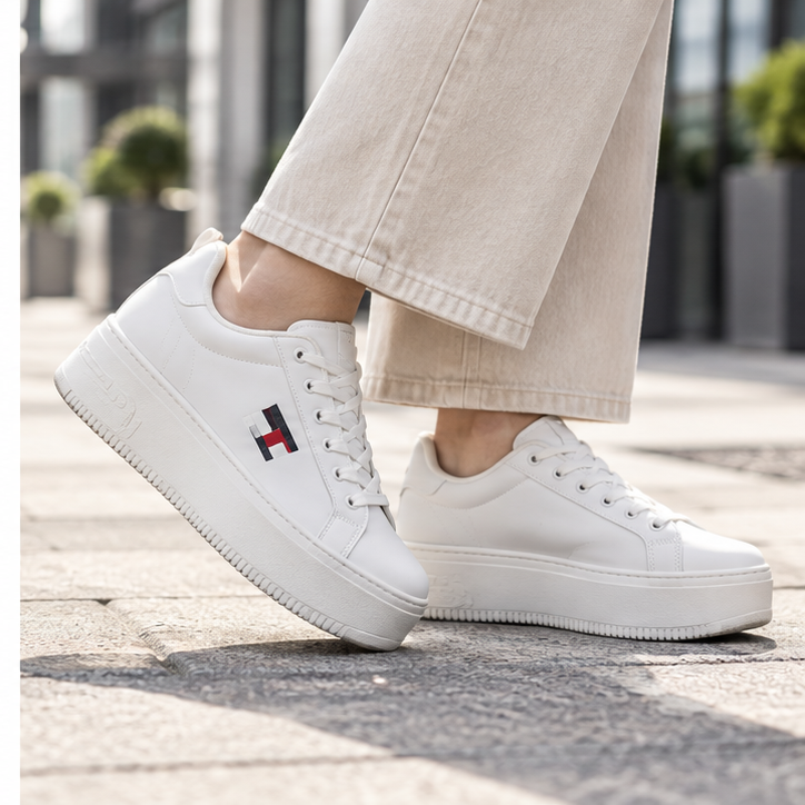 Zapatillas Tommy Jeans blancas de plataforma en uso