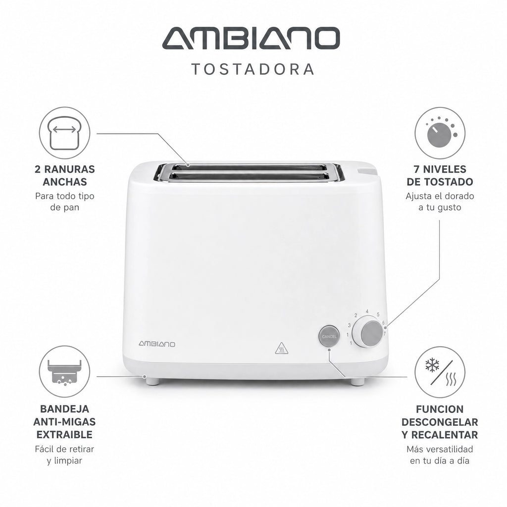 Tostadora 2 Ranuras Ambiano | Blanca 820-980W