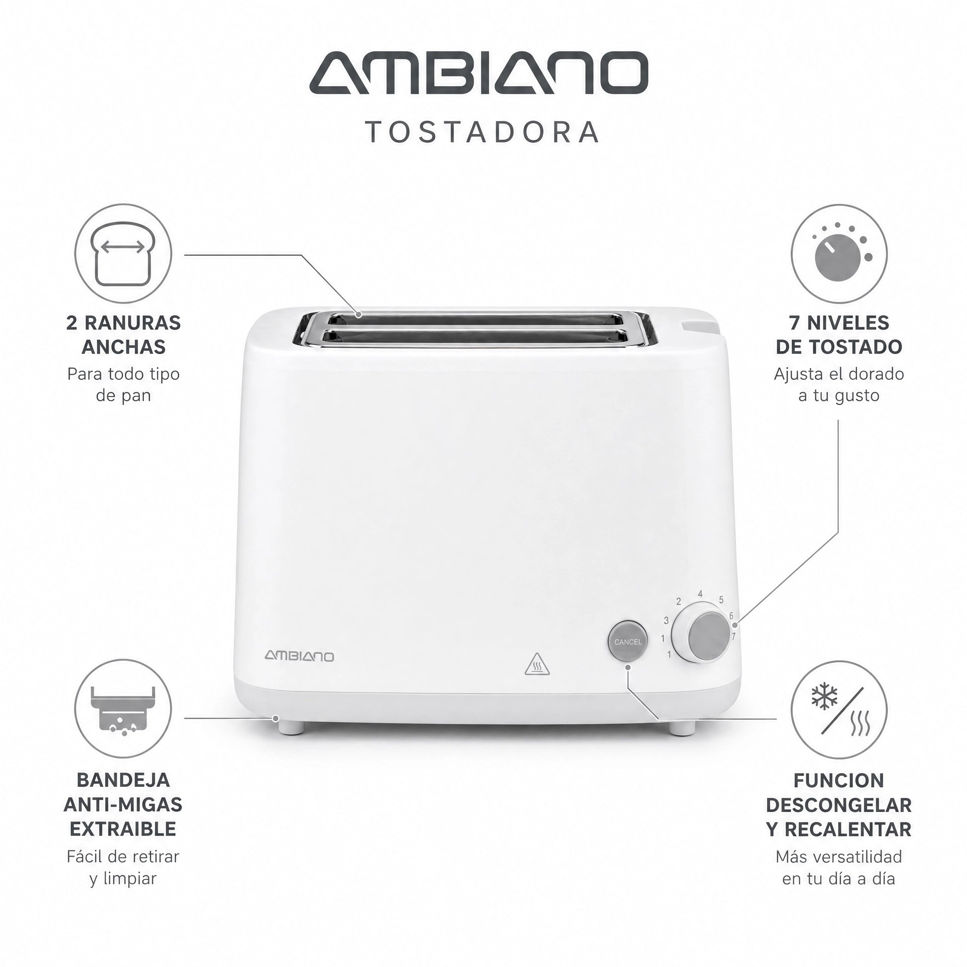Tostadora 2 Ranuras Ambiano | Blanca 820-980W