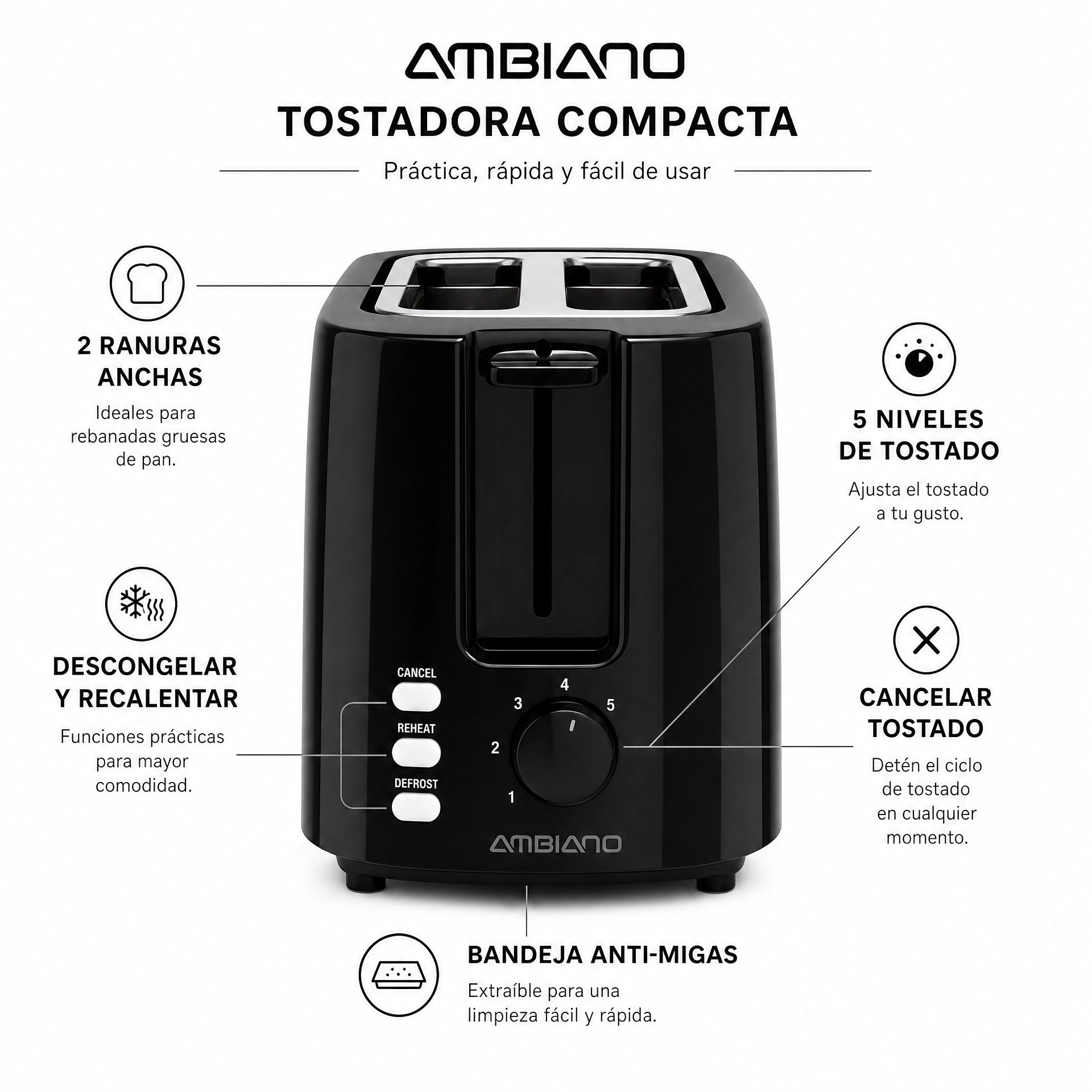 Tostadora 2 Ranuras Ambiano | Negra Compacta