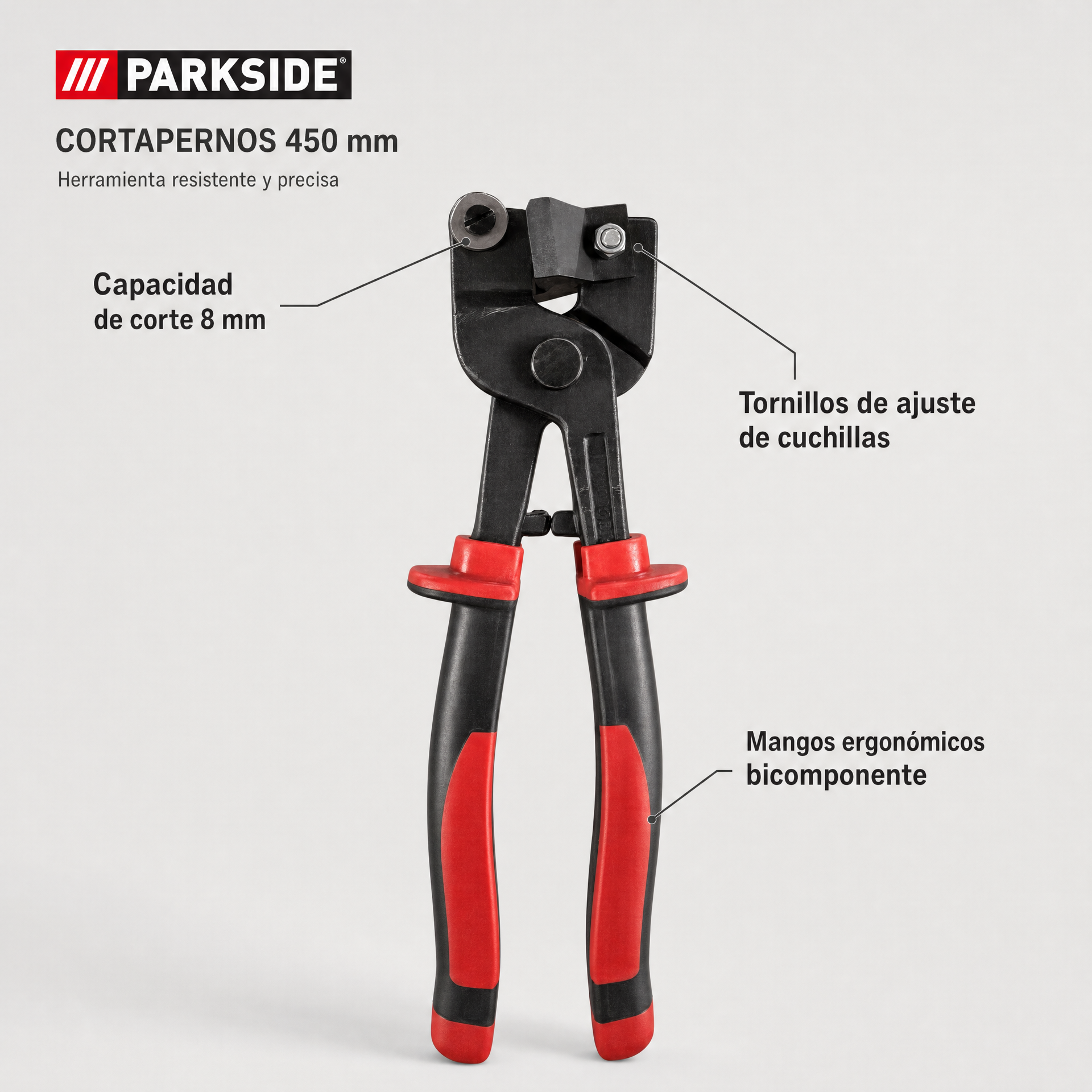 Parkside Cizalla corta pernos 450 mm, corta metal blando hasta 8 mm y acero duro hasta 6 mm