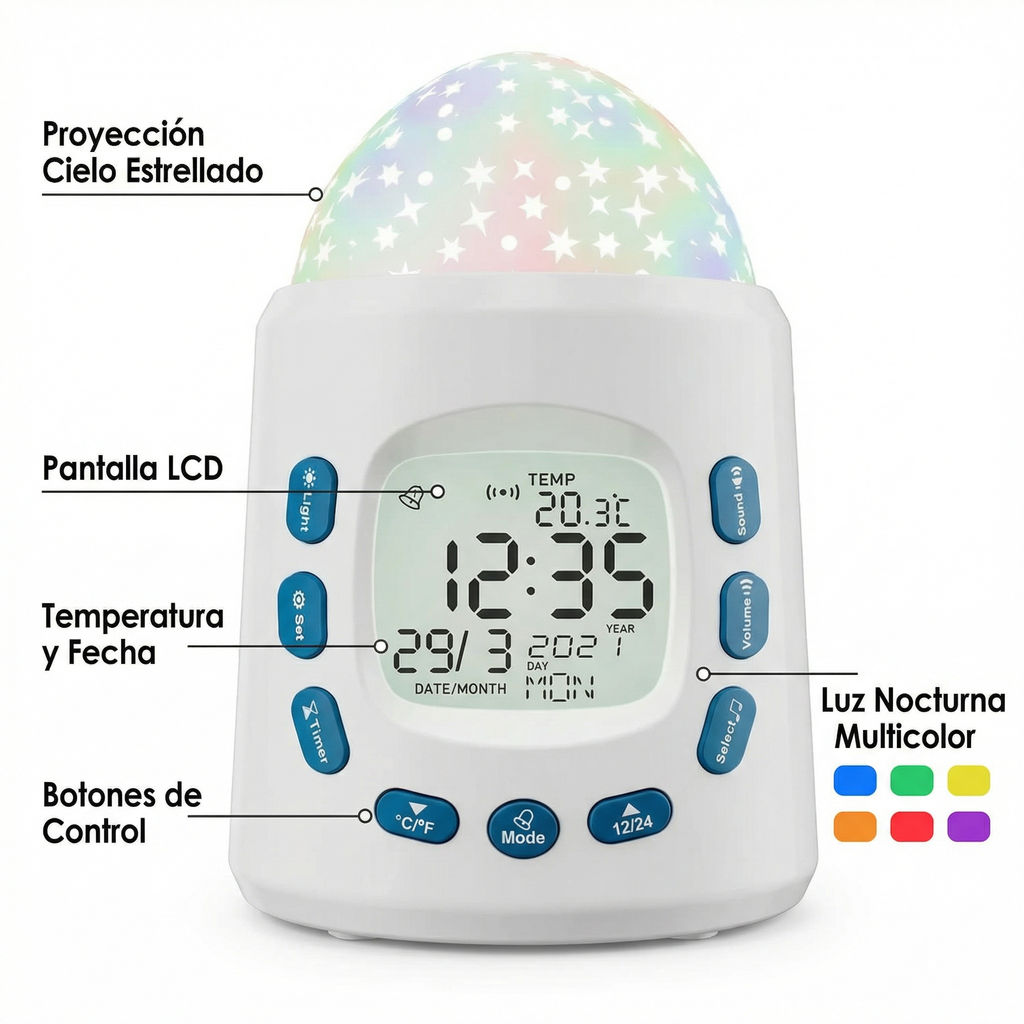 Reloj Despertador Proyector con Cielo Estrellado y Luz Nocturna LCD | Tronic