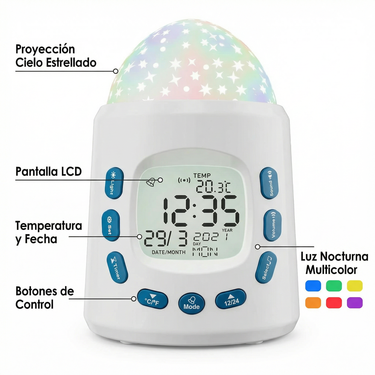 Reloj Despertador Proyector con Cielo Estrellado y Luz Nocturna LCD | Tronic