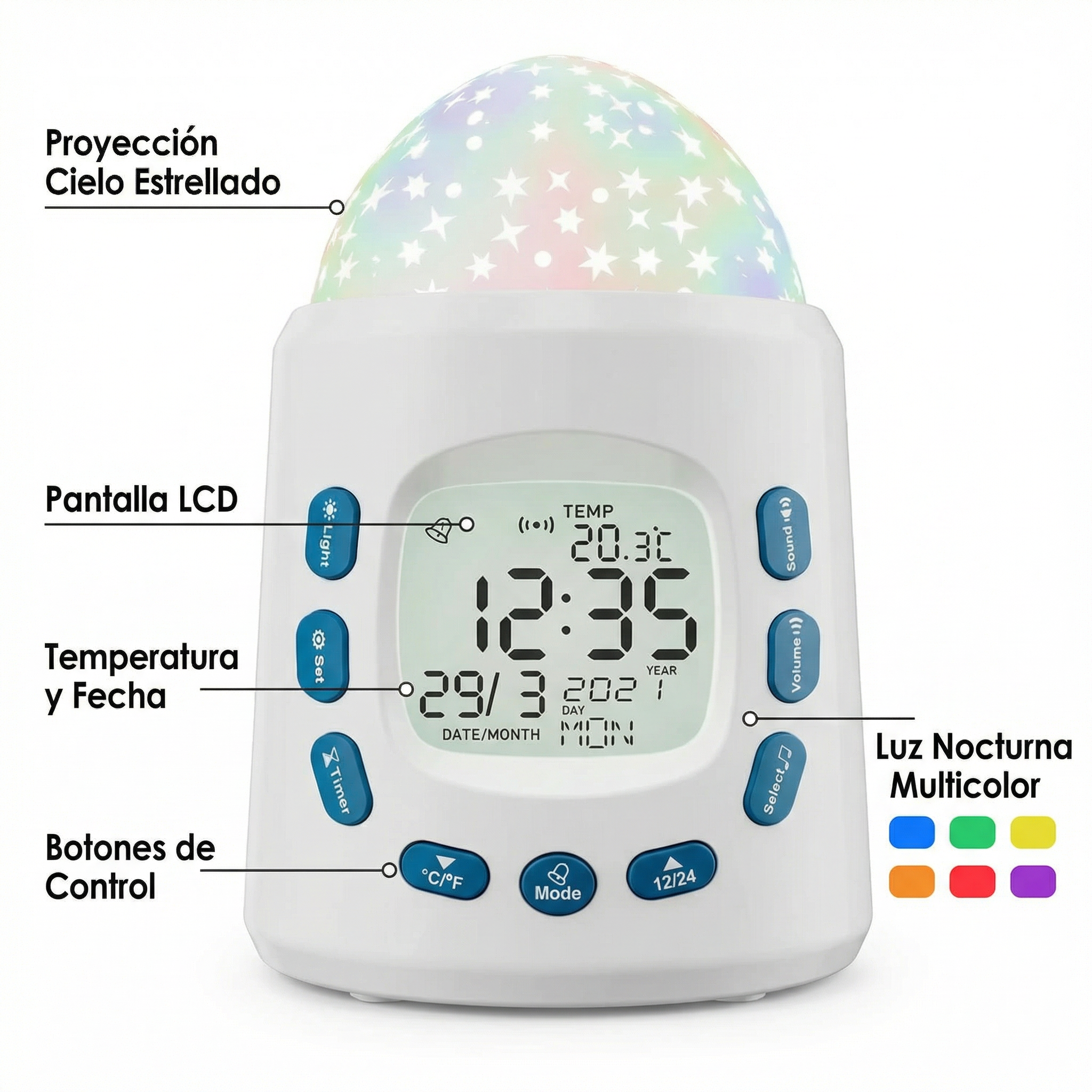 Reloj Despertador Proyector con Cielo Estrellado y Luz Nocturna LCD | Tronic