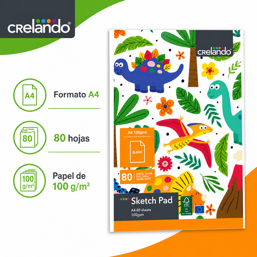 Crelando bloc de dibujo A4 100 g/m² — 80 hojas, cubierta infantil ilustrada